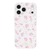 Clear iPhone case with pink floral pattern and delicate stems throughout.