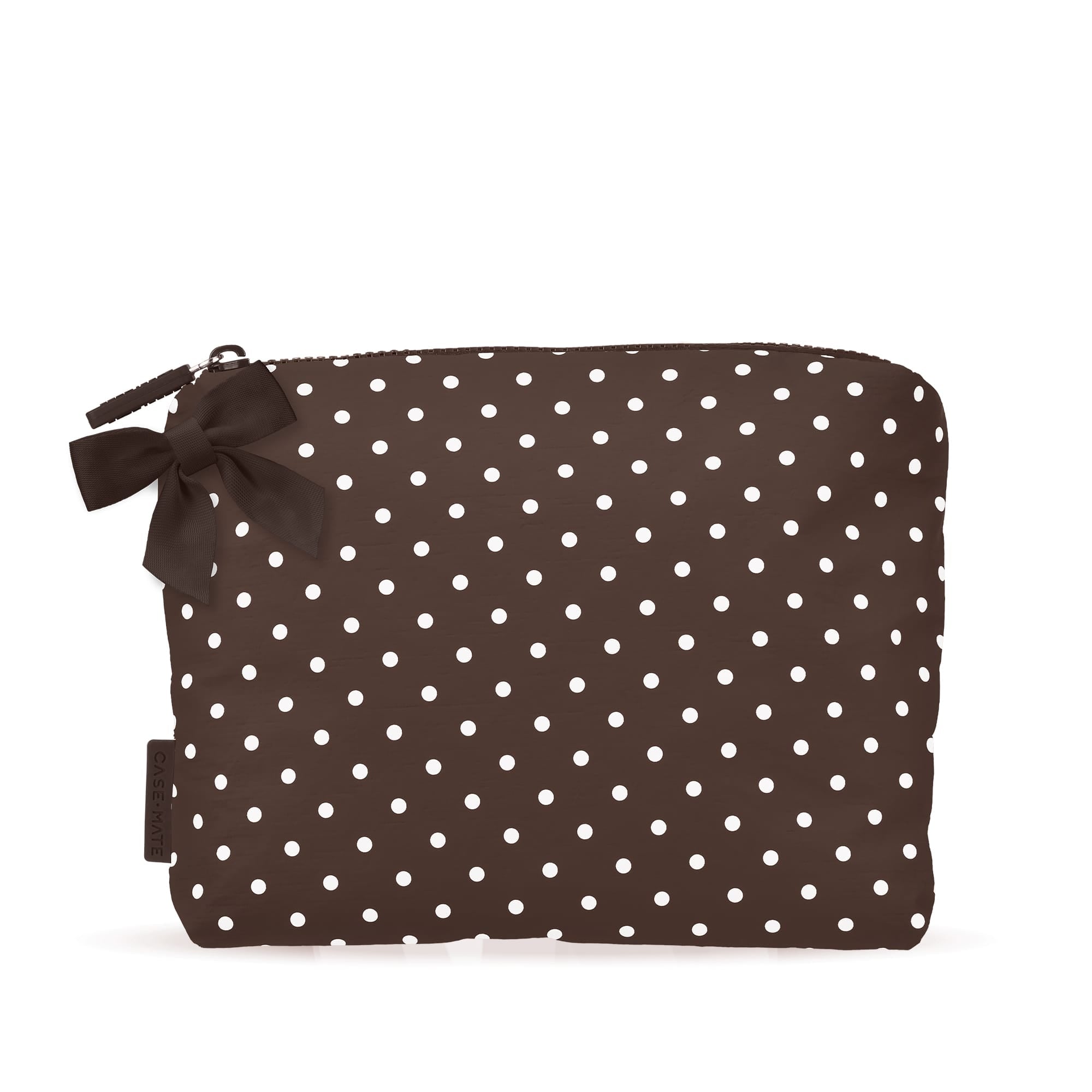 A brown zippered pouch with a white polka dot pattern and a matching brown ribbon bow on the left side, shown against a plain white background. 

#color_espresso polka dot bow