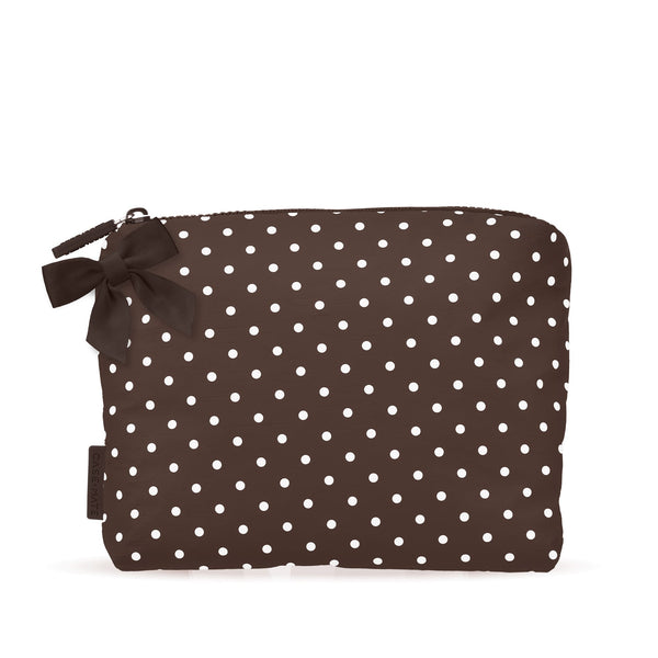 A brown zippered pouch with a white polka dot pattern and a matching brown ribbon bow on the left side, shown against a plain white background. 

#color_espresso polka dot bow