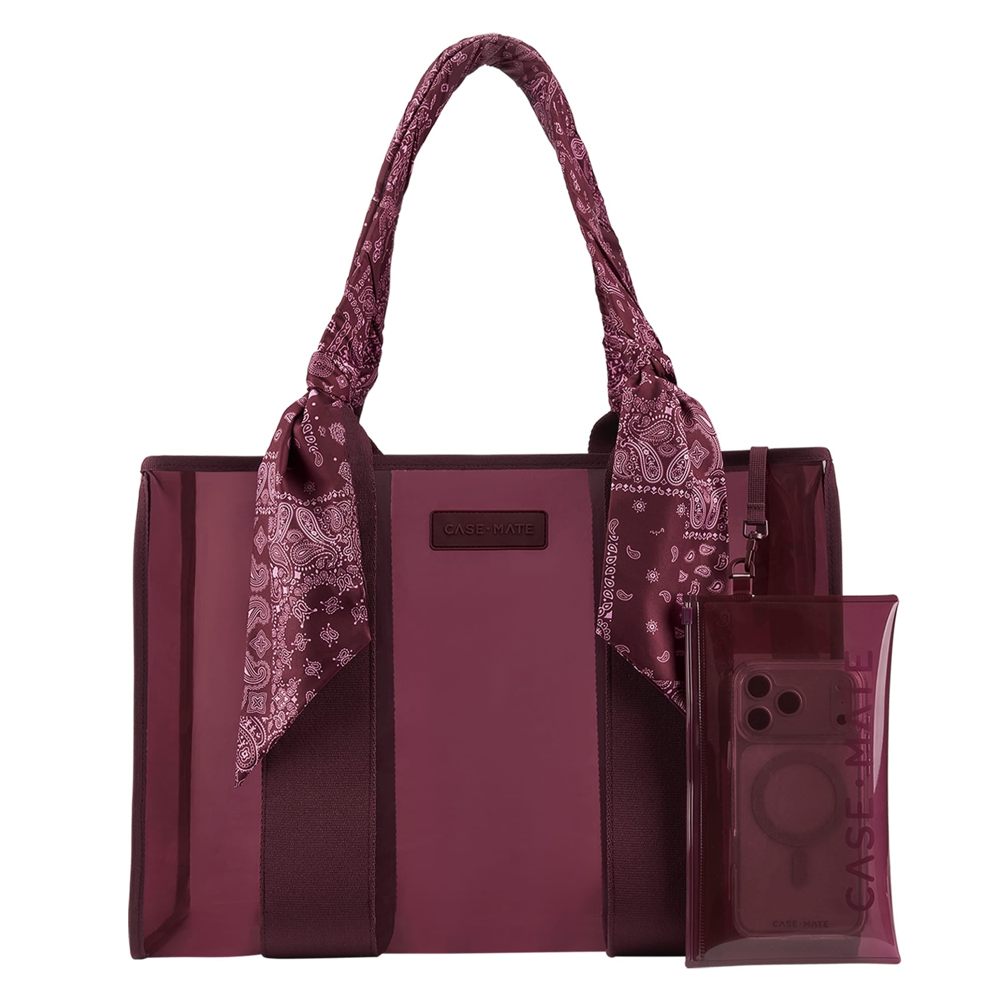 A burgundy tote bag with matching translucent phone pouch and a paisley scarf tied to the handles, shown on a plain white background. 

#color_mulberry twilly