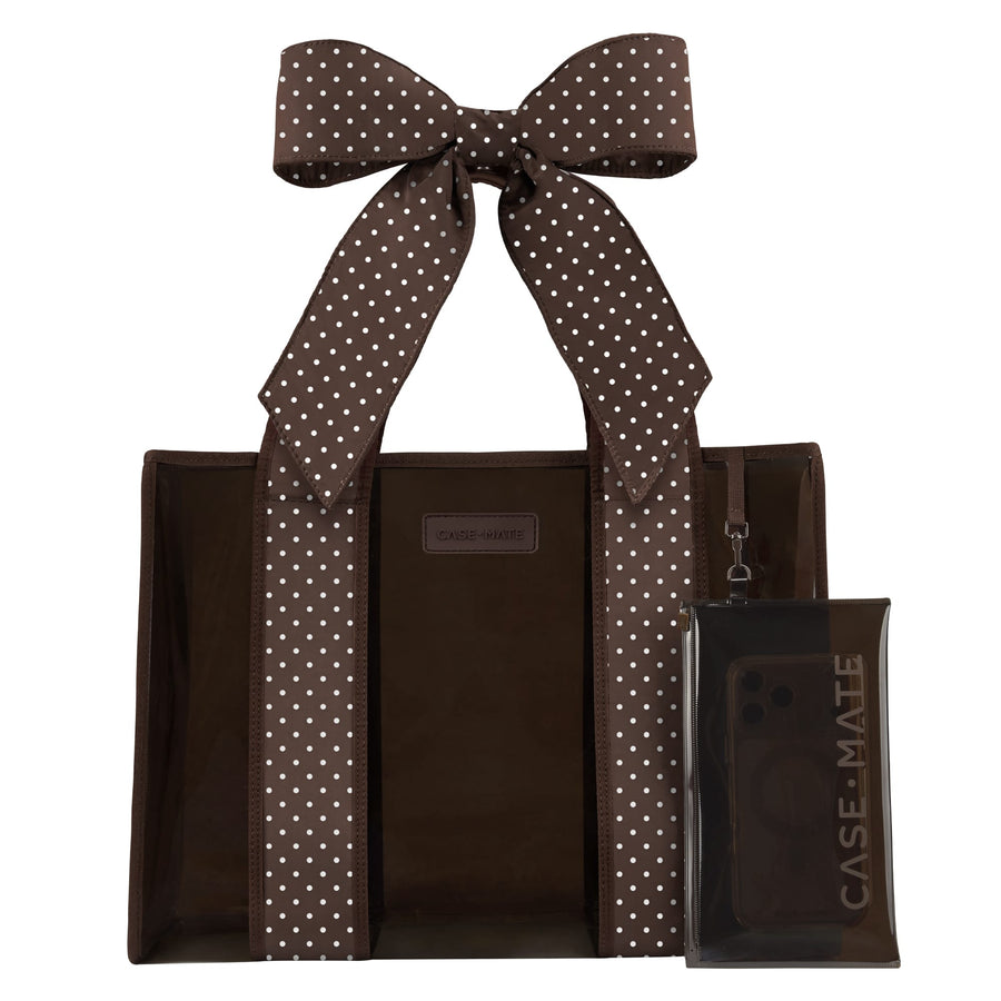 Clear jelly tote with Espresso Dot pattern and dark zipper.