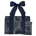 A navy blue and white paisley bandana tote bag with matching shoulder straps and a matching pouch, shown on a plain white background.
#color_navy bandana bow