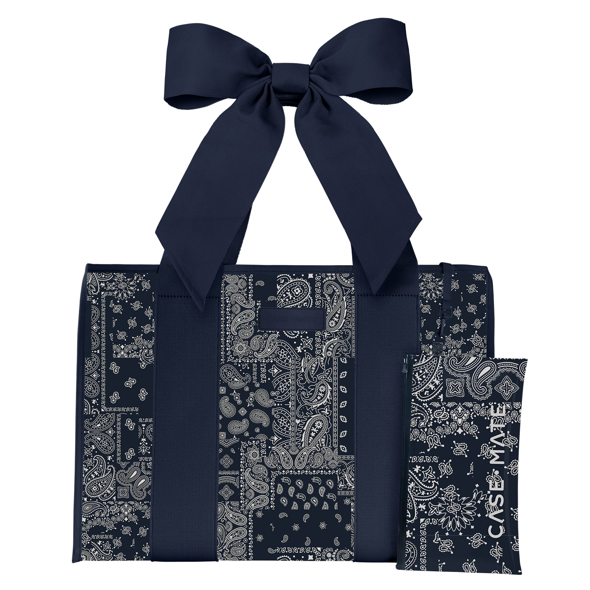 A navy blue and white paisley bandana tote bag with matching shoulder straps and a matching pouch, shown on a plain white background.
#color_navy bandana bow