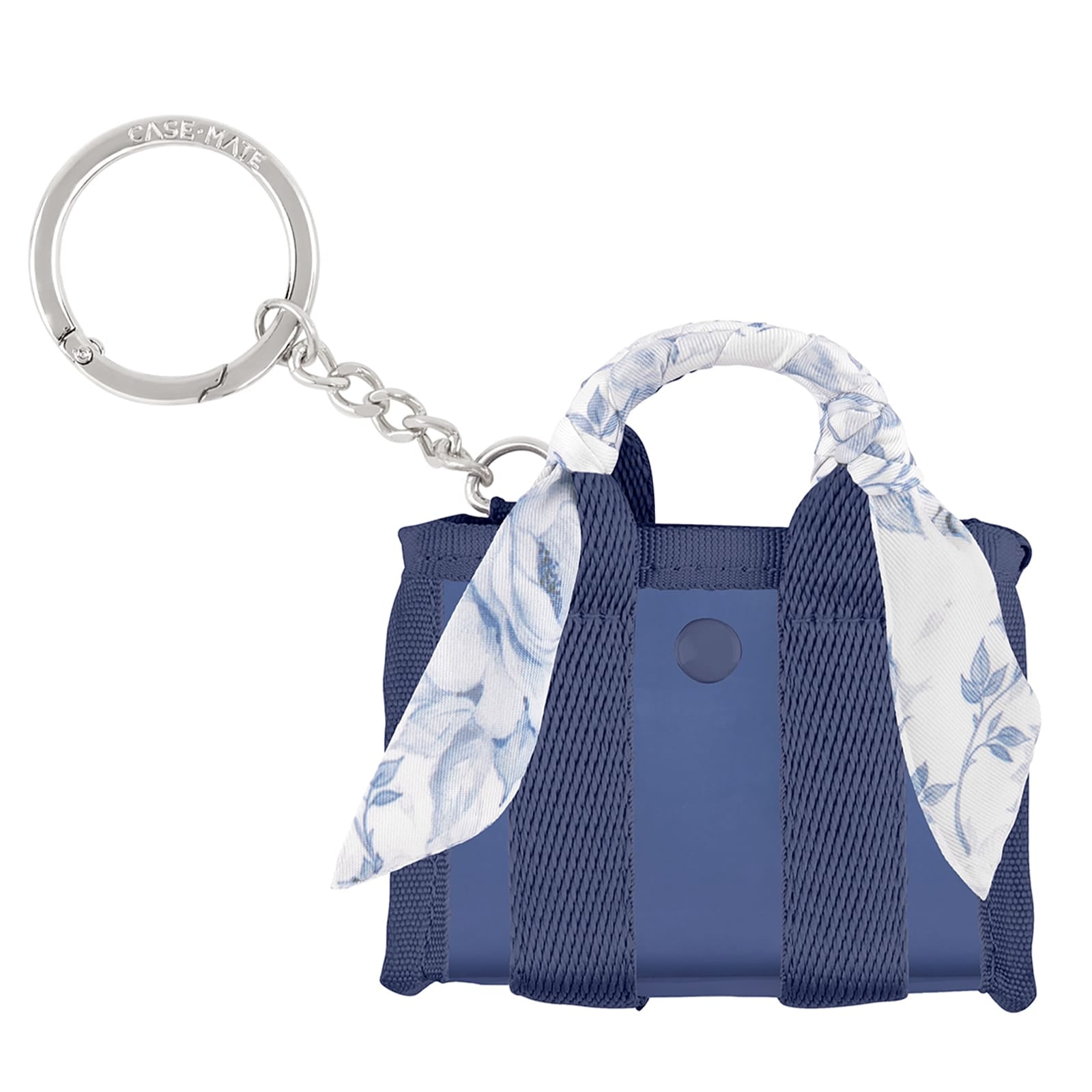 Blue handbag keychain with floral scarf on a white background
#color_something navy twilly