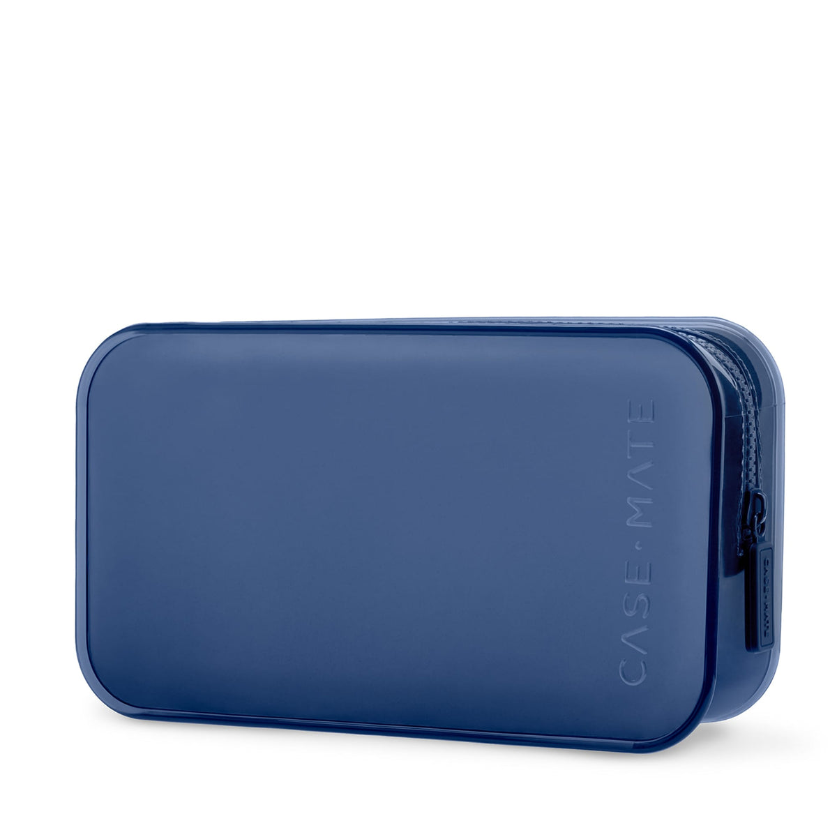 A dark blue translucent hard-shell pouch with rounded corners and a zipper closure, featuring the vertical 'CASE-MATE' logo embossed on the side, set against a plain white background.
#color_oxford navy