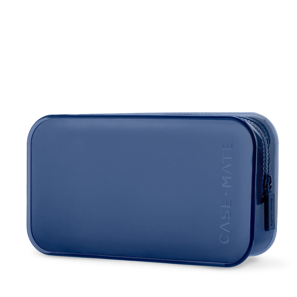 A dark blue translucent hard-shell pouch with rounded corners and a zipper closure, featuring the vertical 'CASE-MATE' logo embossed on the side, set against a plain white background.
#color_oxford navy