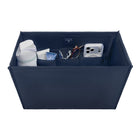 A navy blue fabric organizer tray with multiple interior pockets, shown holding a white bottle, a small blue item, eyeglasses, and a silver smartphone. The organizer is photographed on a clean white background.

#color_navy