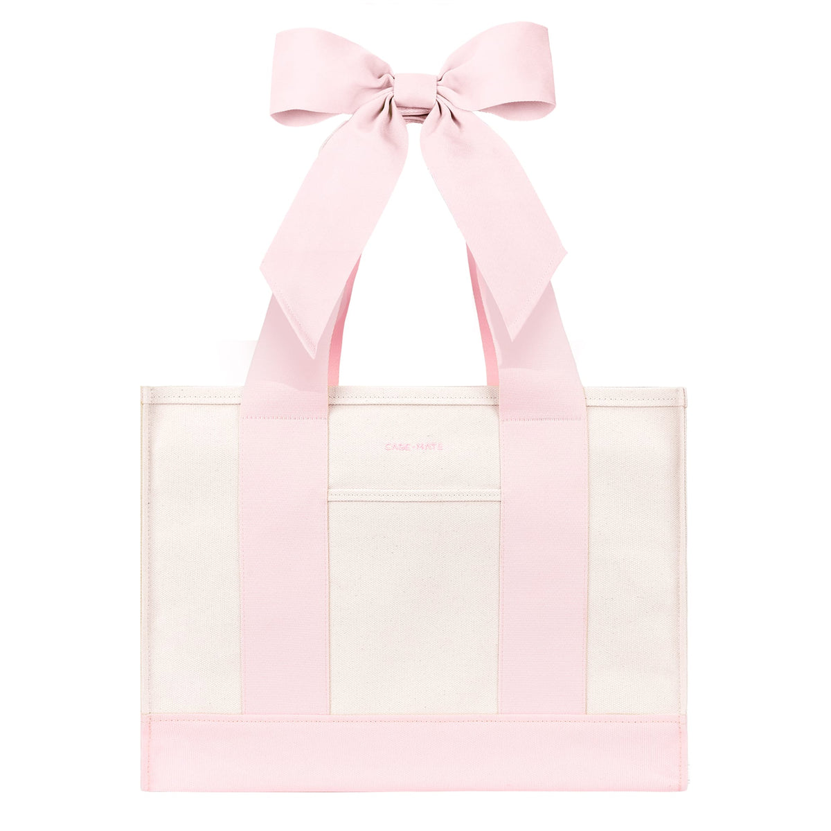 A light pink and white tote bag with wide pink shoulder straps and a large matching pink bow at the top, shown on a plain white background.
#color_ballet pink bow