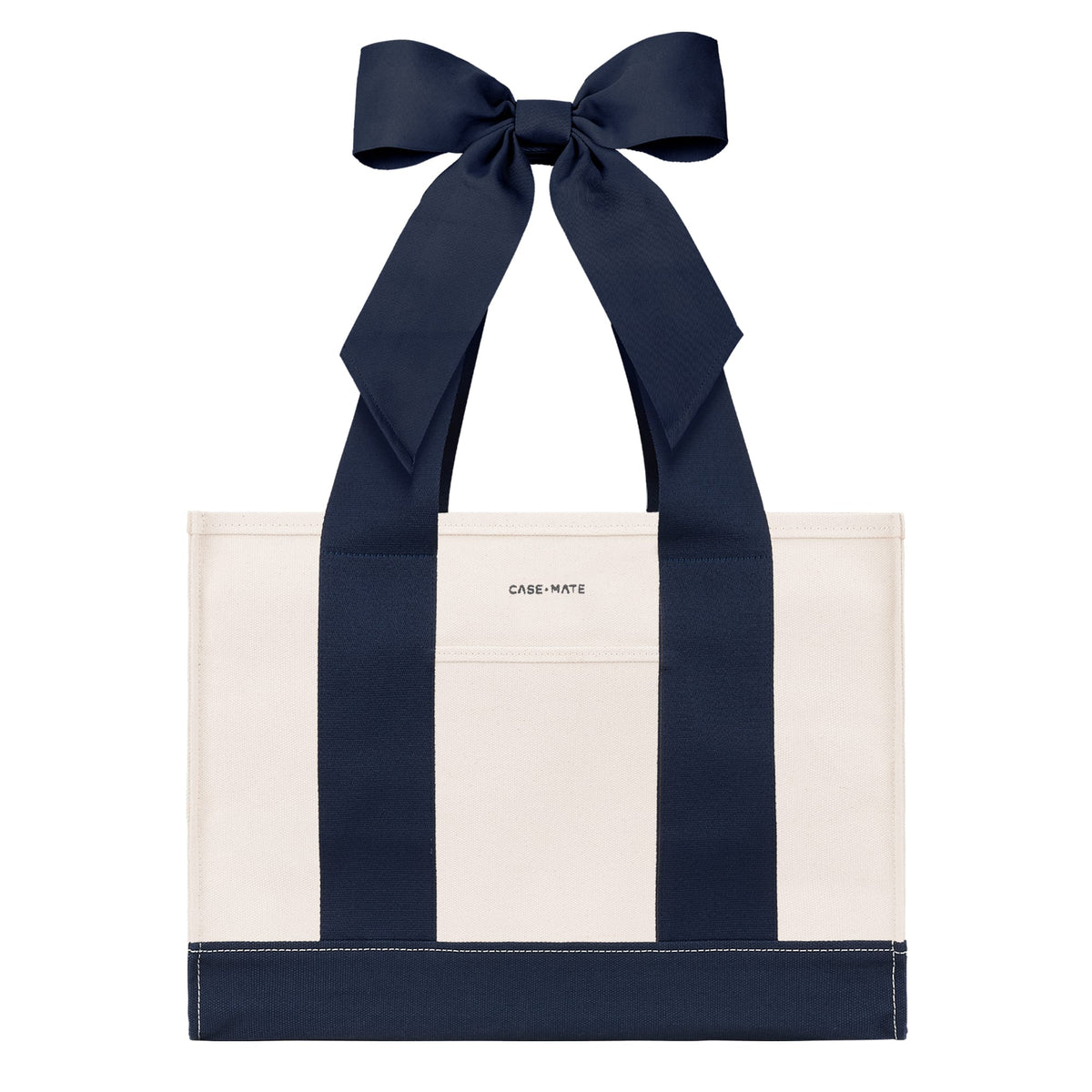 An off-white canvas tote bag with bold navy blue vertical stripes and matching navy ribbon handles tied in a large bow at the top. The brand name 'CASE-MATE' is printed in small black letters on the front pocket.
#color_oxford navy bow