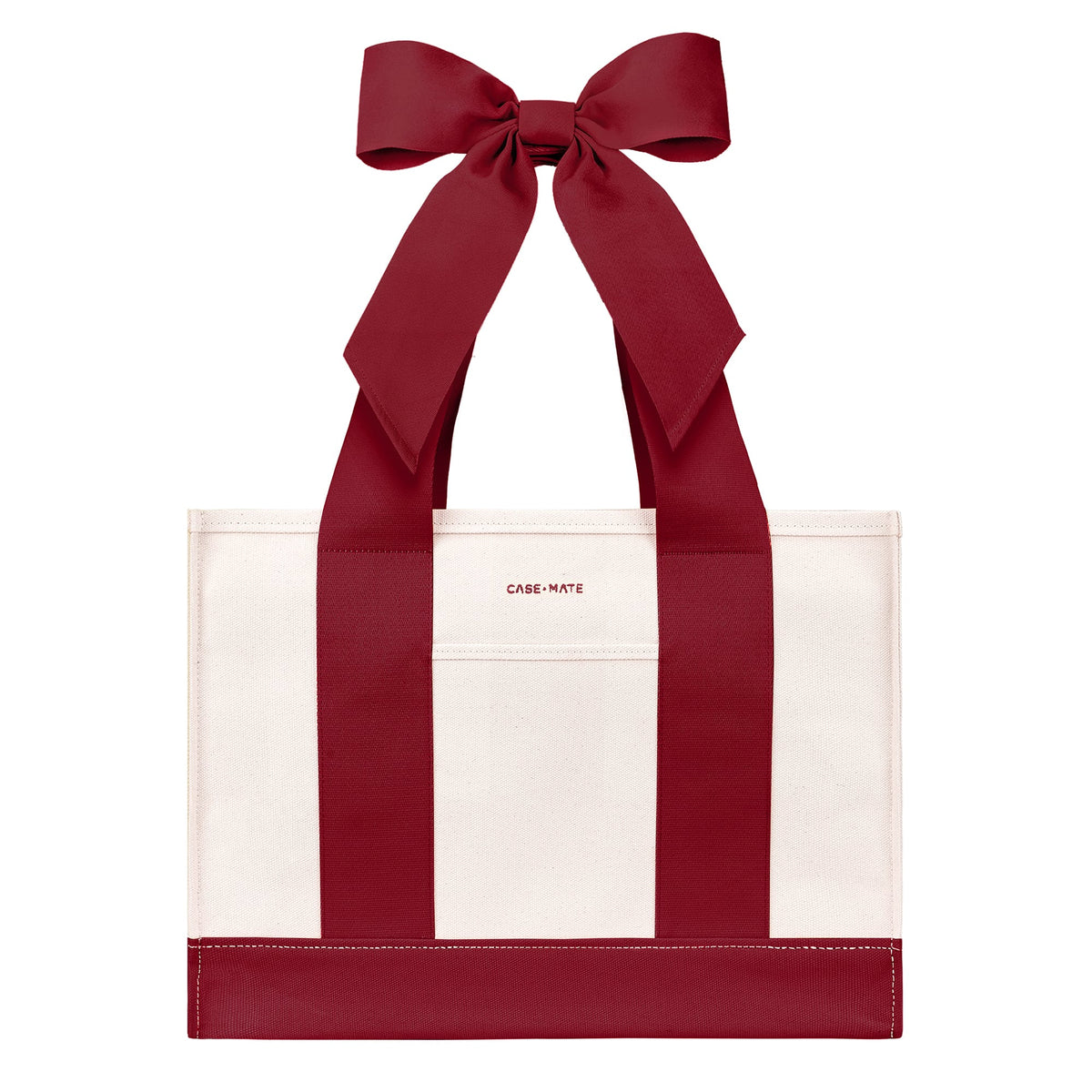 A red and white tote bag with wide pink shoulder straps and a large matching pink bow at the top, shown on a plain white background

#color_cranberry bow