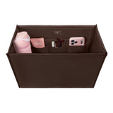 A brown fabric organizer bag with multiple interior pockets, shown from above on a white background. The organizer is styled with various pink and neutral accessories, including a pink bottle, a pink pouch, and a pink smartphone.

#color_espresso