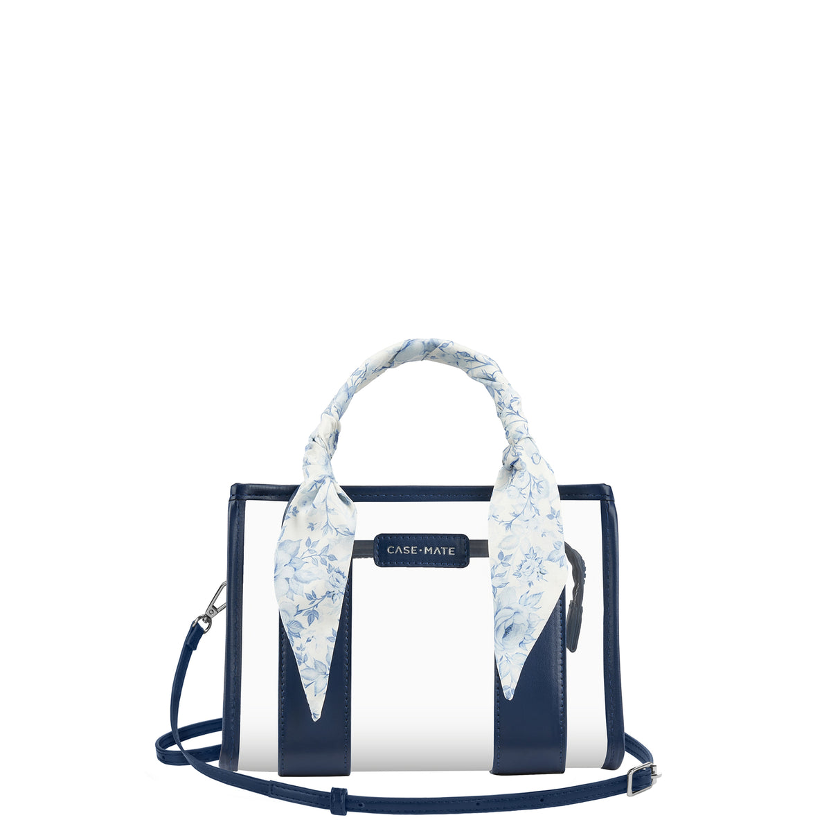 A Case-Mate structured handbag with navy blue and white vertical stripes, featuring a light blue and white floral silk scarf tied to the top handle, set against a plain white background.

#color_something navy twilly