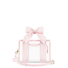 A light pink transparent tote bag with a large matching fabric bow on top, pink webbing handles, a thin shoulder strap, and small gold-tone hardware, shown on a plain white background.

#color_ballet pink bow
