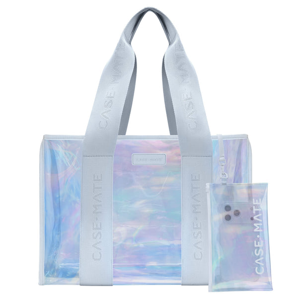 Iridescent Tote bag with light blue fabric straps on a white background.
#color_carolina blue iridescent