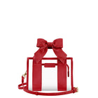 A red structured handbag with a large bow on top, clear front panels, a small front pouch, and a matching red shoulder strap on a plain white background.

#color_varsity red bow