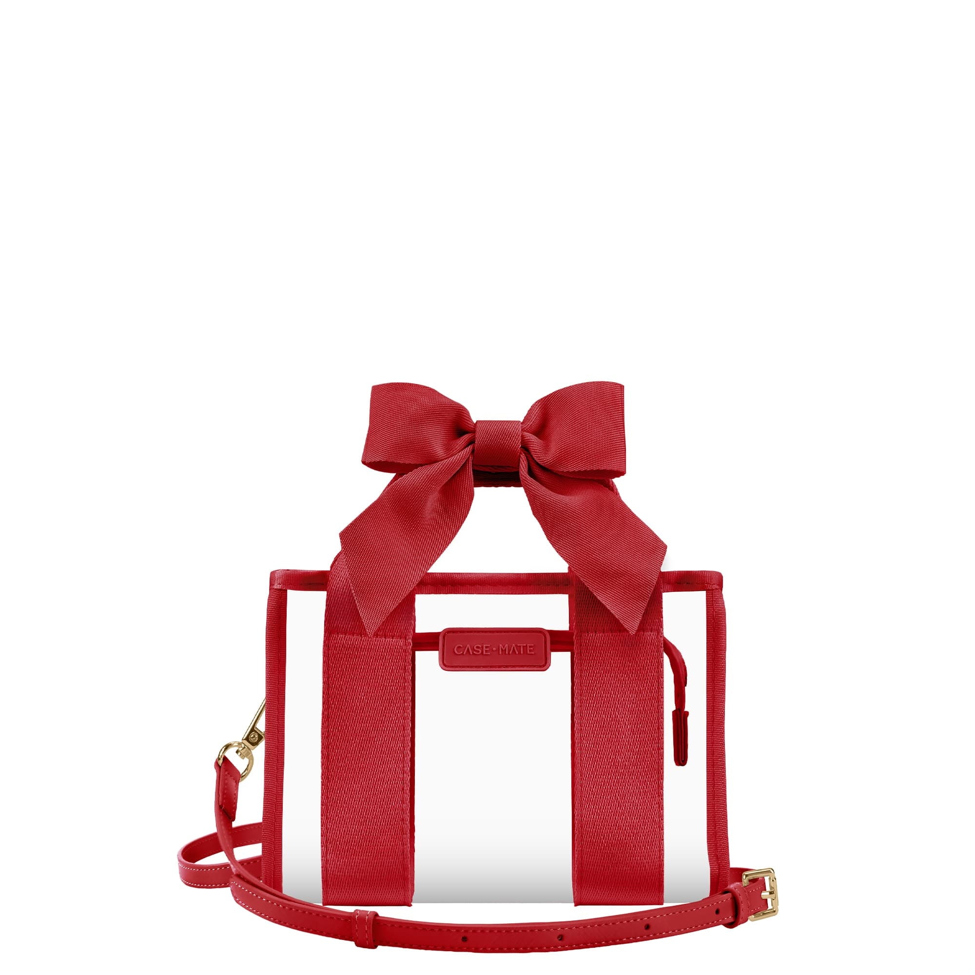 A red structured handbag with a large bow on top, clear front panels, a small front pouch, and a matching red shoulder strap on a plain white background.

#color_varsity red bow