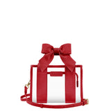A red structured handbag with a large bow on top, clear front panels, a small front pouch, and a matching red shoulder strap on a plain white background.

#color_varsity red bow