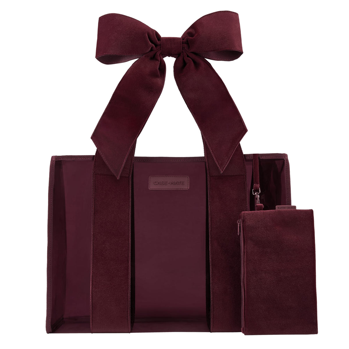 Red velvet straps on a burgundy Jelly Tote Bag on a while background 
#color_holiday edition red velvet bow