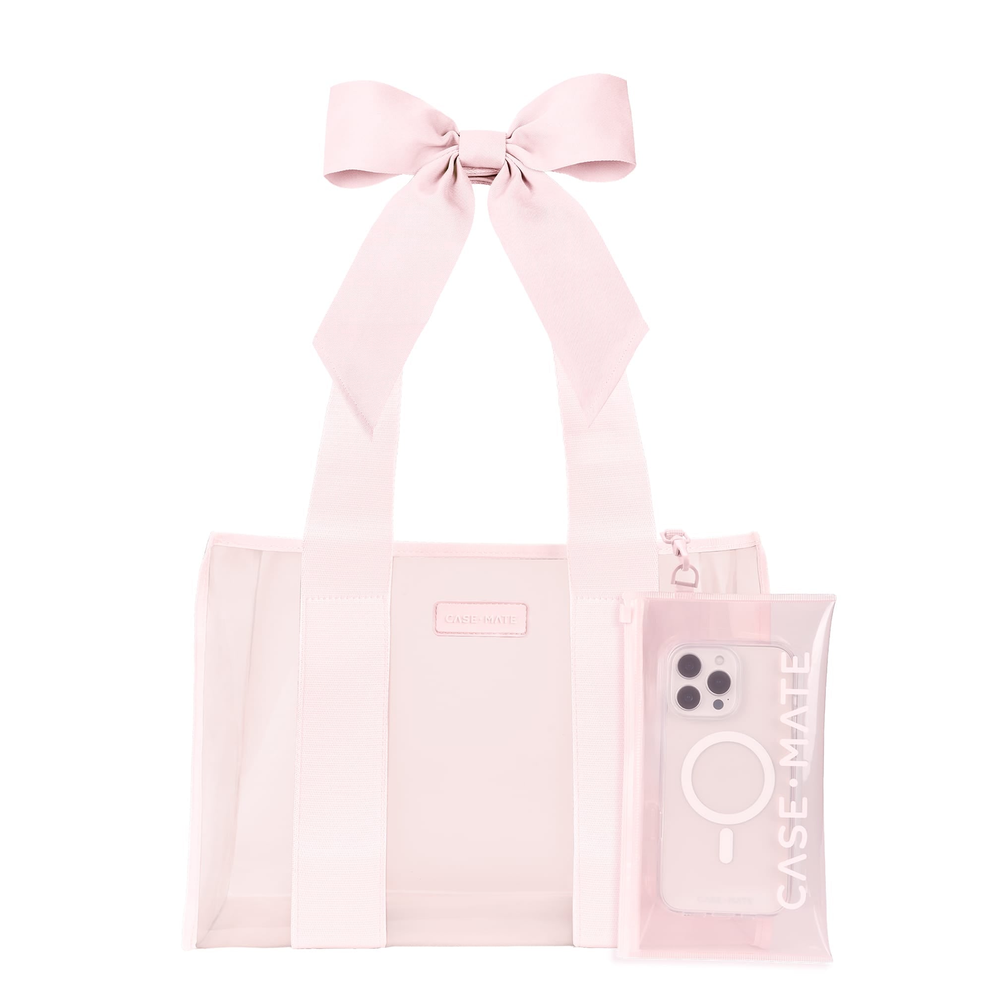 A light pink transparent tote bag with a matching fabric ribbon bow on the handle, shown alongside a matching translucent phone case on a plain white background.

#color_ballet pink bow