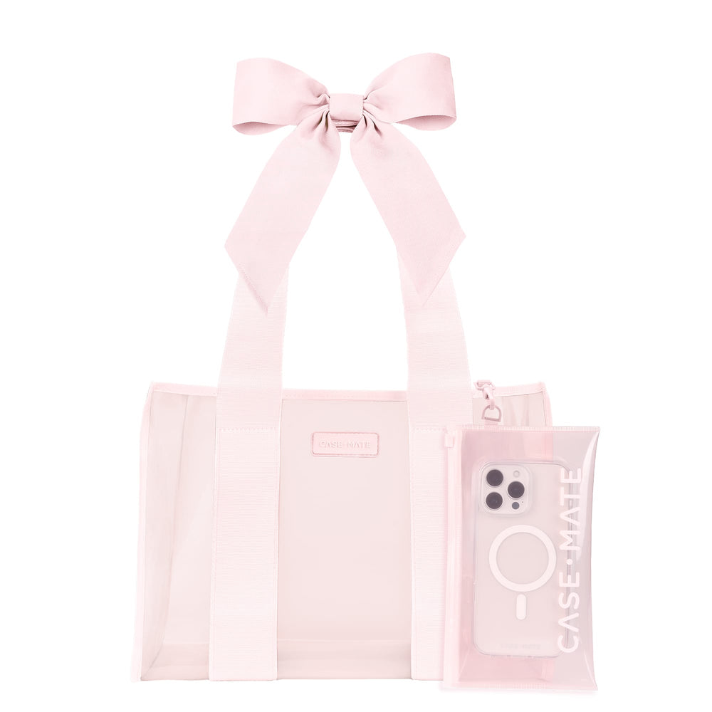 A light pink transparent tote bag with a matching fabric ribbon bow on the handle, shown alongside a matching translucent phone case on a plain white background.

#color_ballet pink bow