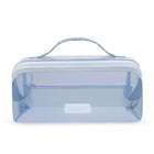 A light blue translucent zippered cosmetic bag with a top handle and a small 'CASEMATE' brand label on the front, set against a plain white background.
#color_carolina blue crochet wave