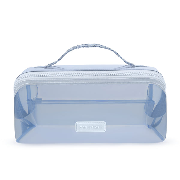 A light blue translucent zippered cosmetic bag with a top handle and a small 'CASEMATE' brand label on the front, set against a plain white background.
#color_carolina blue crochet wave