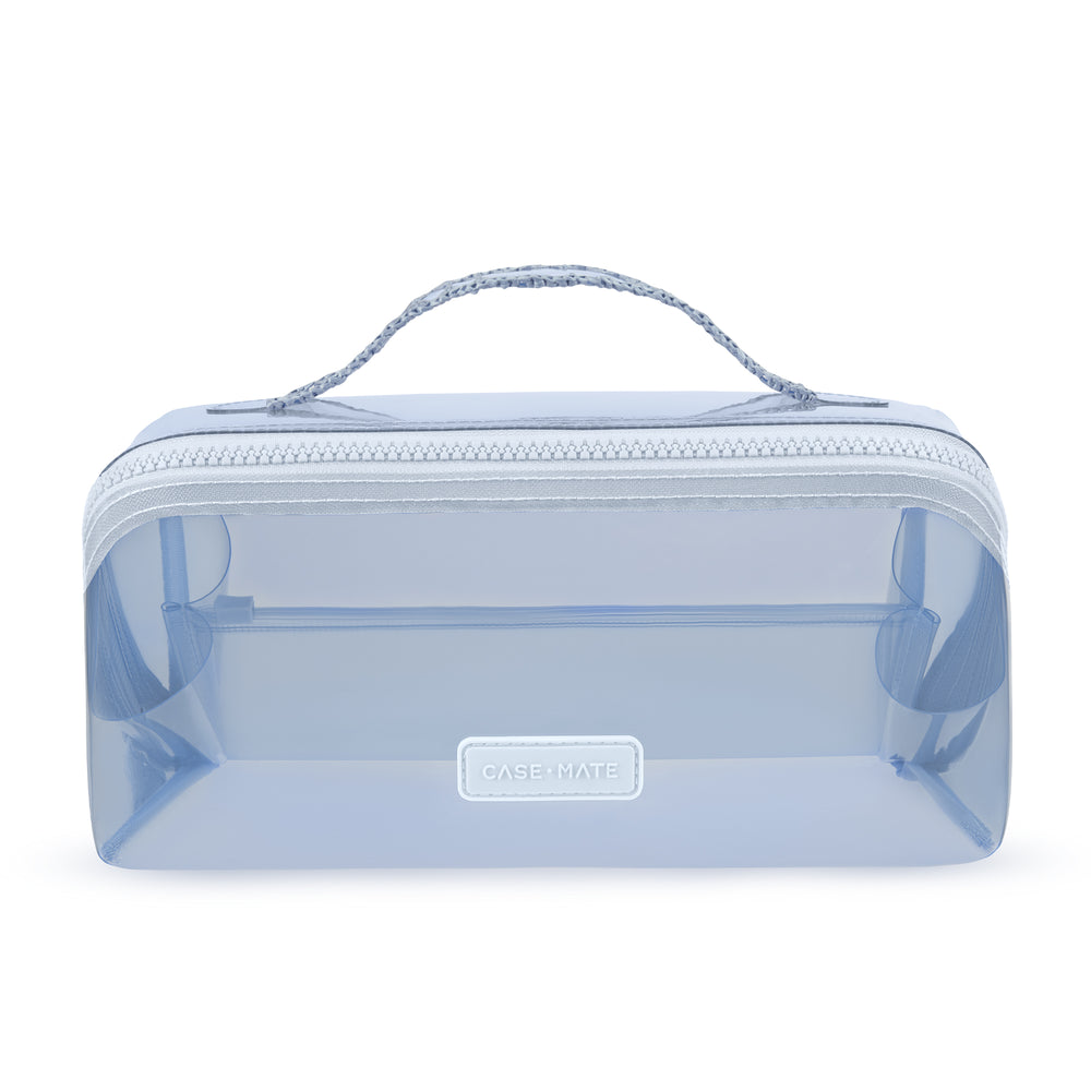 A light blue translucent zippered cosmetic bag with a top handle and a small 'CASEMATE' brand label on the front, set against a plain white background.
#color_carolina blue crochet wave