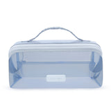 A light blue translucent zippered cosmetic bag with a top handle and a small 'CASEMATE' brand label on the front, set against a plain white background.
#color_carolina blue crochet wave