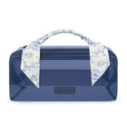 A glossy navy blue cosmetic case with a top zipper, featuring a matching floral necktie handle and a small black CASEMATE logo plaque on the front.
#color_something navy twilly