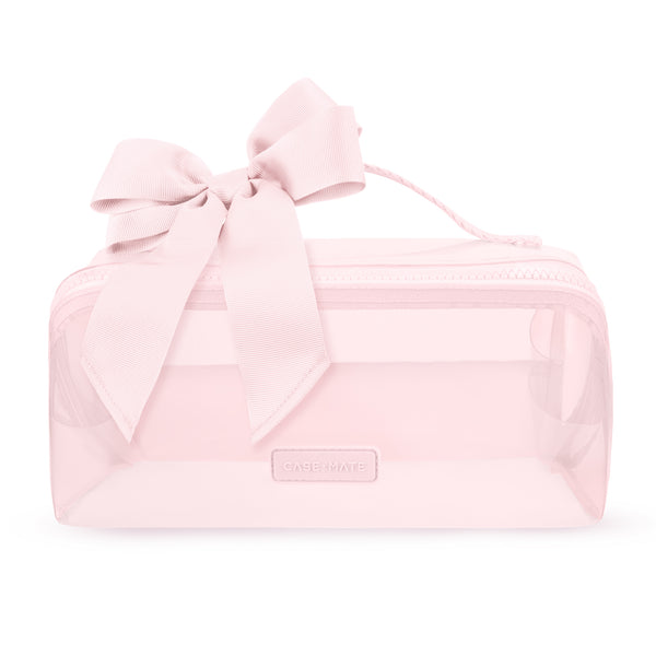 A light pink transparent zippered cosmetic pouch with a matching pink satin bow on top and a small rectangular brand plaque reading CASE MATE.
#color_ballet pink bow