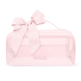 A light pink transparent zippered cosmetic pouch with a matching pink satin bow on top and a small rectangular brand plaque reading CASE MATE.
#color_ballet pink bow