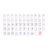 A set of small rectangular Mahjong Jelly tiles arranged in rows on a white background, each featuring different printed symbols, letters, and illustrations in pink, blue, and black. 
#color_ballet pink pearl edition