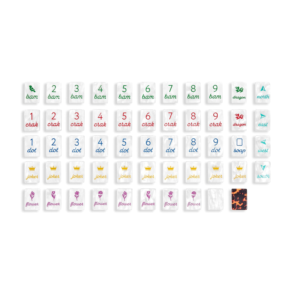 A set of 36 square acrylic gaming tiles arranged in a grid on a white background, featuring various game symbols, numbers, and letters in different colors.
#color_tortoiseshell pearl edition