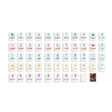 A set of 36 square acrylic gaming tiles arranged in a grid on a white background, featuring various game symbols, numbers, and letters in different colors.
#color_tortoiseshell pearl edition