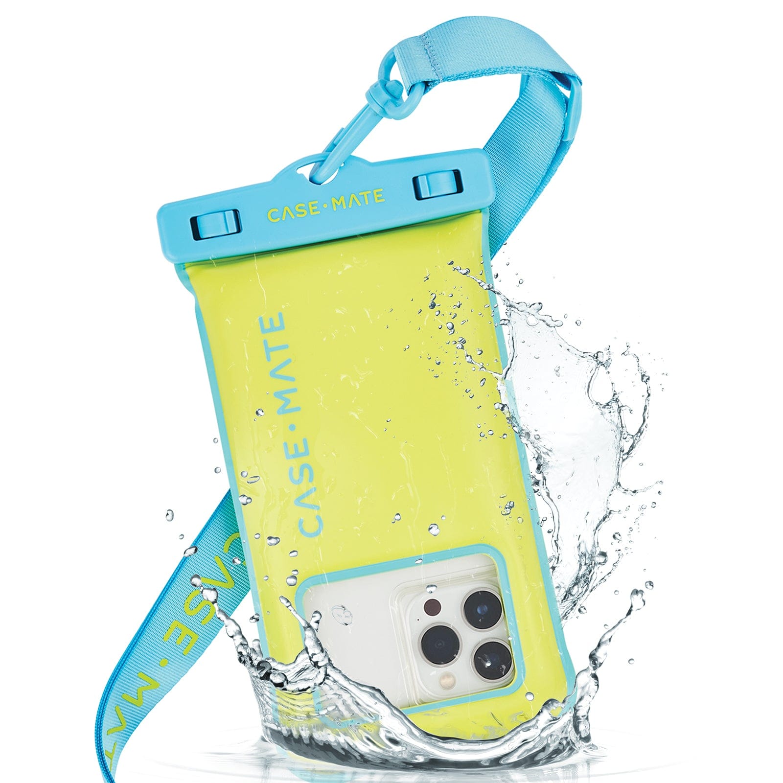 Yellow phone case with blue strap and 'Case-Mate' branding, showing water resistance. #color_citrus splash