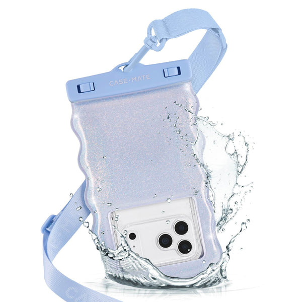 Clear phone case with blue strap and water splash design on a white background #color_mist twinkle