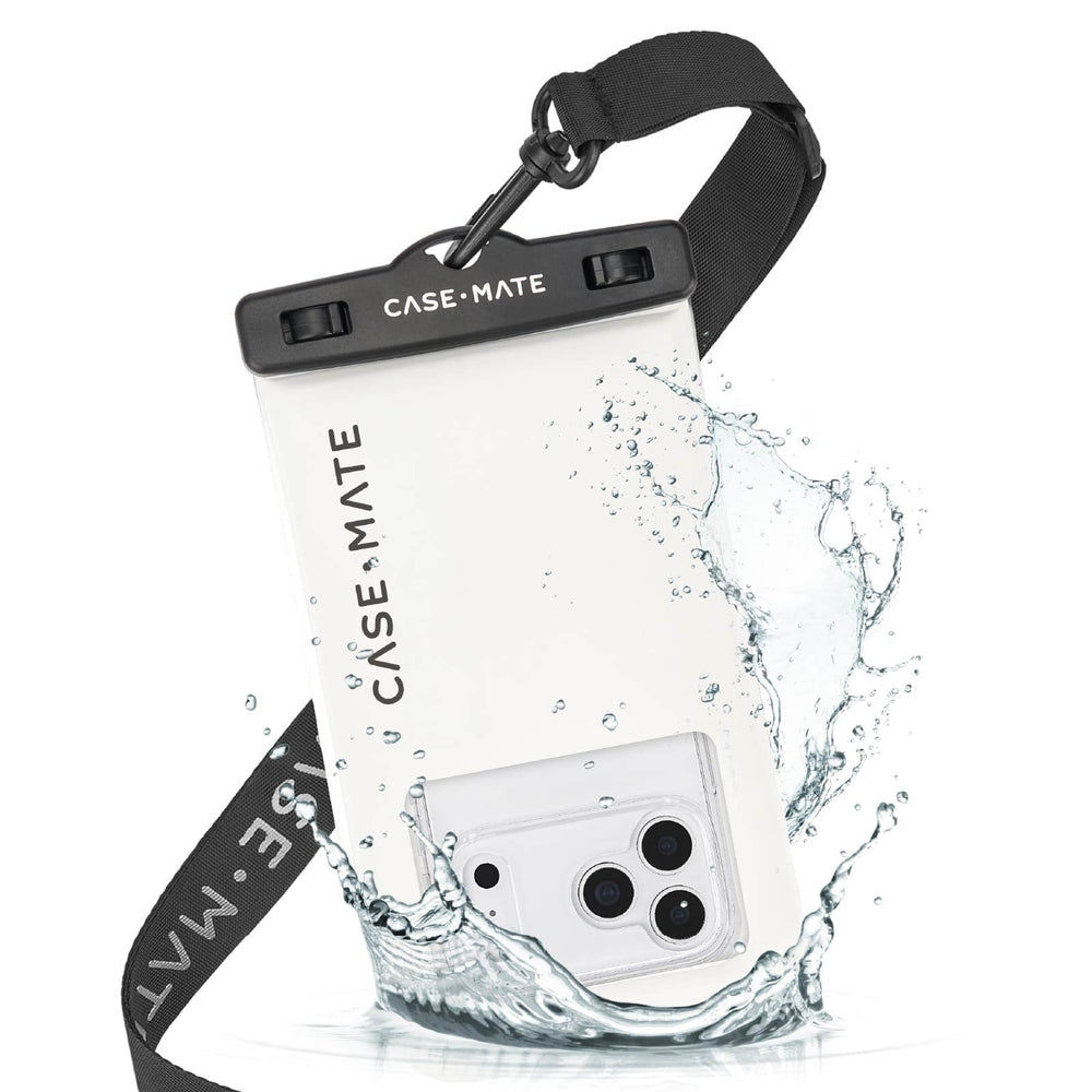 Clear phone case with black strap and 'Case-Mate' branding, showing water splashes. #color_sand dollar