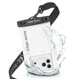 Clear phone case with black strap and 'Case-Mate' branding, showing water splashes. #color_sand dollar