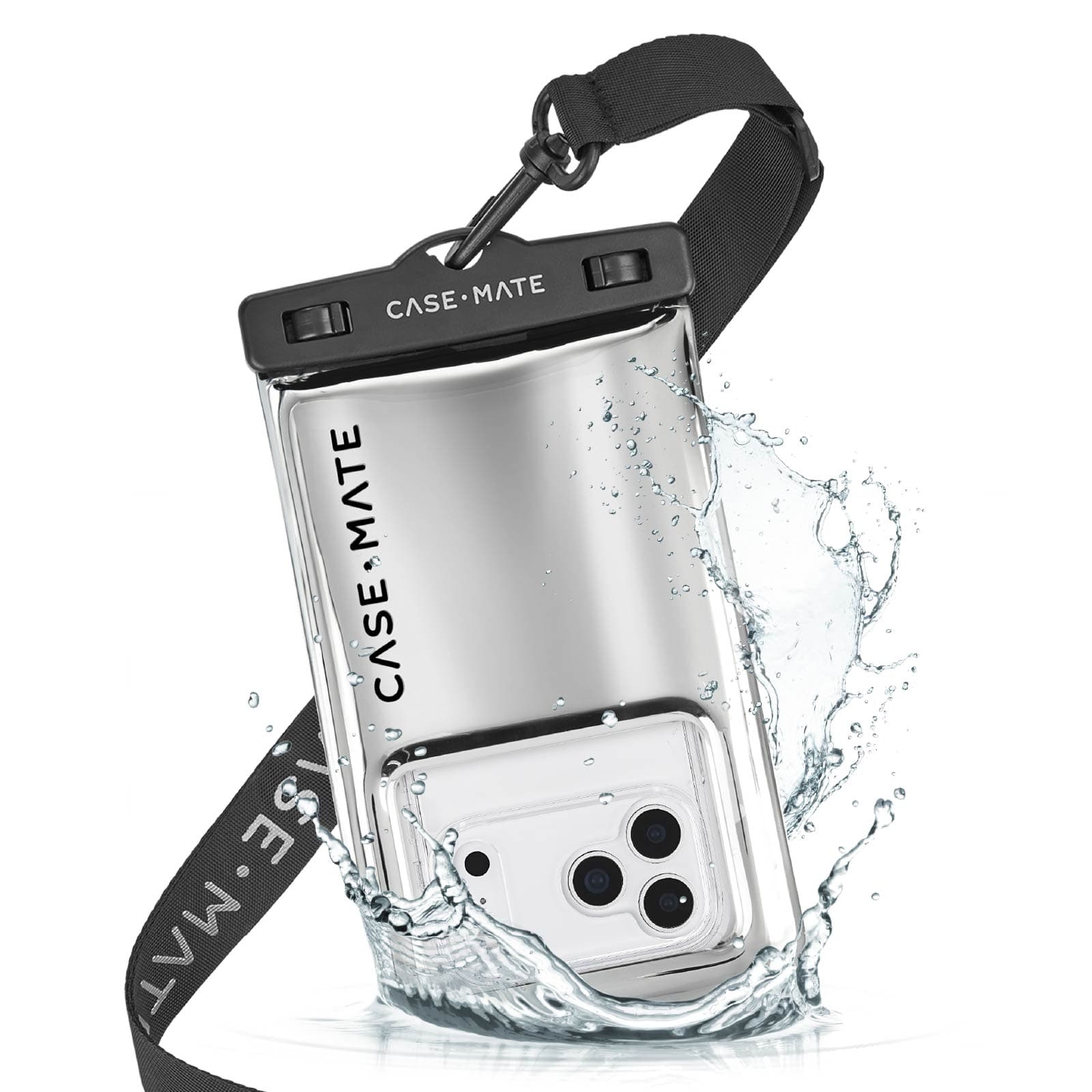 Clear phone case with black strap and 'Case-Mate' branding, showing water splashes. #color_silver chrome