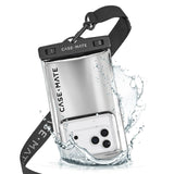 Clear phone case with black strap and 'Case-Mate' branding, showing water splashes. #color_silver chrome