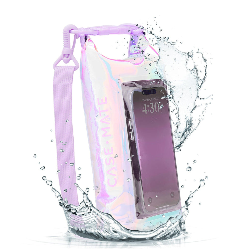 Phone in a transparent protective case with a purple strap, surrounded by water splashes on a white background.
#color_iridescent