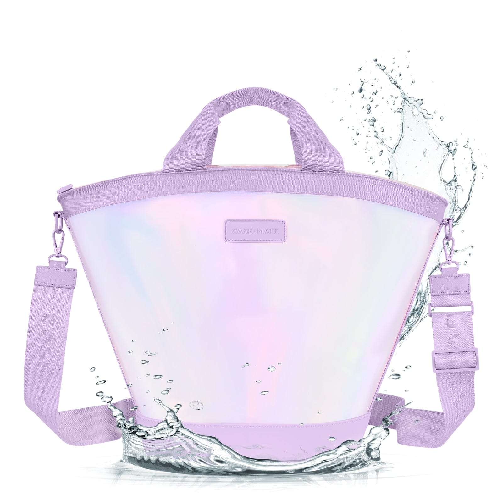 Collapsible purple water filter with water splashes on a white background
#color_iridescent