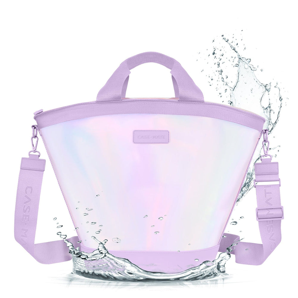 Collapsible purple water filter with water splashes on a white background
#color_iridescent