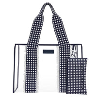 Navy and white checkered tote bag with matching pouch on a white 
background

#color_navy gingham