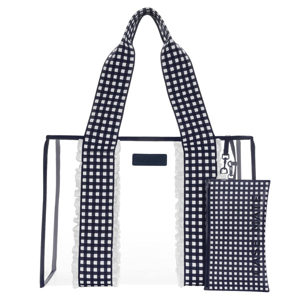 Navy and white checkered tote bag with matching pouch on a white 
background

#color_Navy Gingham