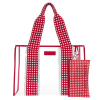 Red and white checkered tote bag with matching pouch on a white #color_cherry gingham