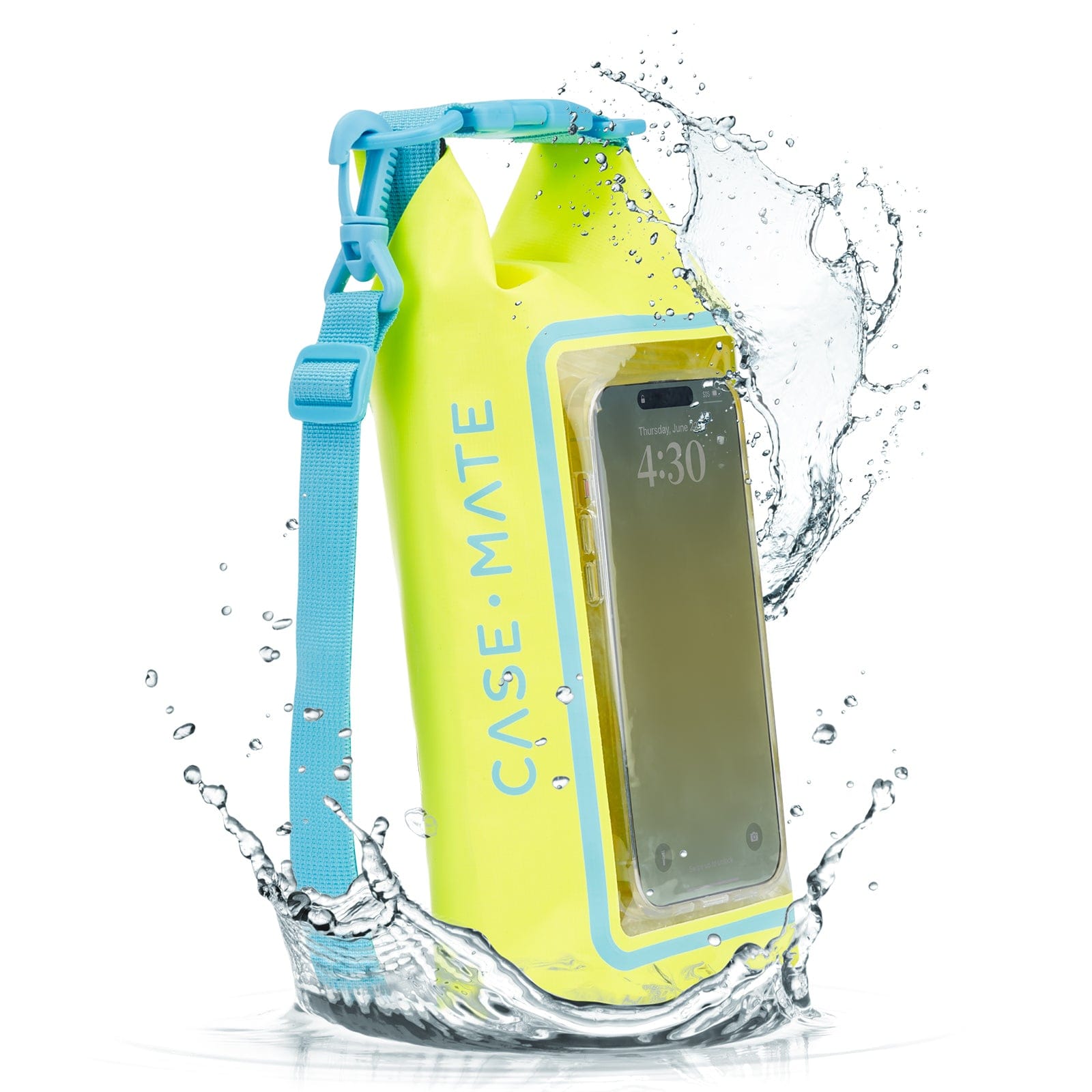 Yellow waterproof phone case with blue strap and water splashes on a white background #color_citrus splash