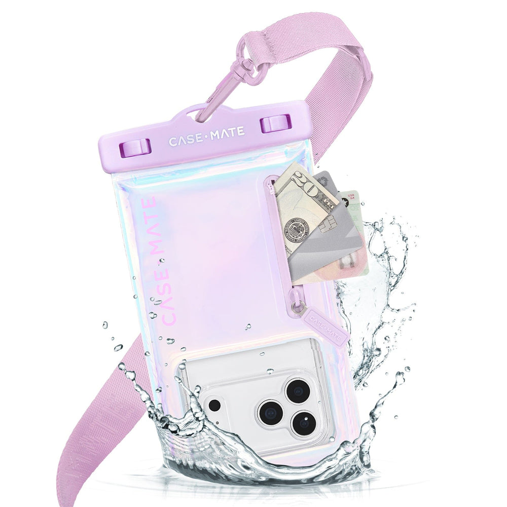 Clear phone case with pink strap and water splashes on a white background
#color_iridescent