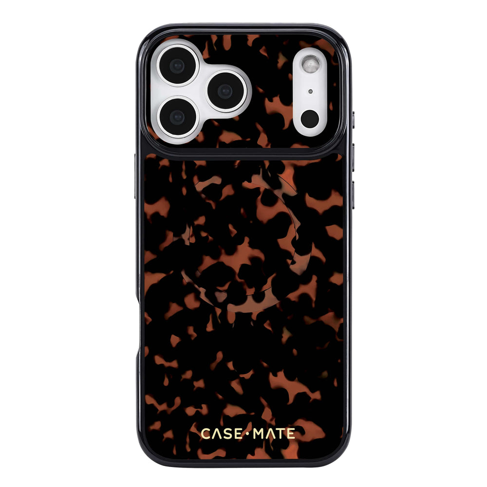 Black and amber tortoiseshell patterned iPhone case with triple camera cutout and Case Mate branding.