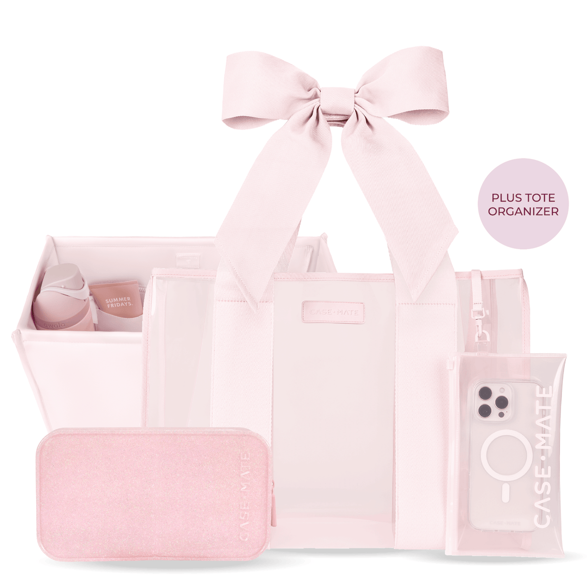 A pale pink CASE-MATE travel organizer set on a white background, featuring a tote bag and a rectangular zip case. A pink badge reads 'PLUS TOTE ORGANIZER'.